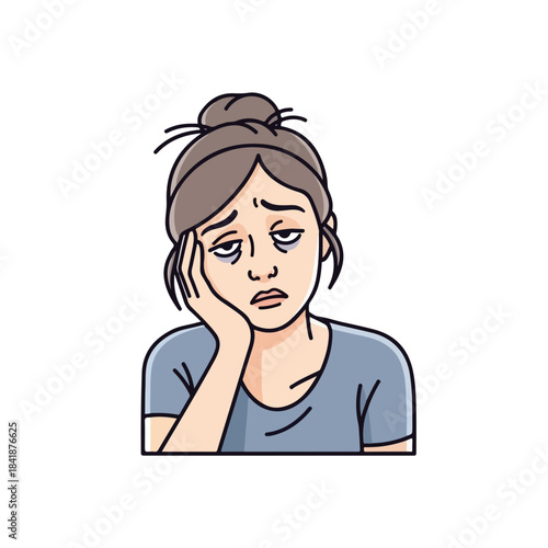 Tired mother illustration, adult woman with dark under eyes, showing deep exhaustion and fatigue. This weary portrait embodies common parenting struggles, a genuinely tired mother needing vital rest.