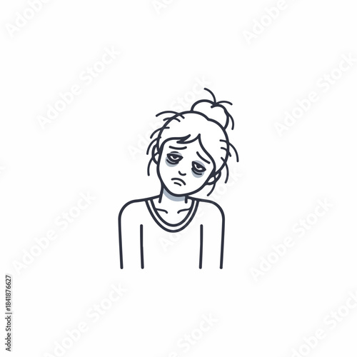 Tired woman line art illustration, messy hair, eye bags. Drawing depicts fatigued, stressed person, perhaps a tired mother, truly exhausted. Concept for sleep deprivation, burnout, tired woman health.
