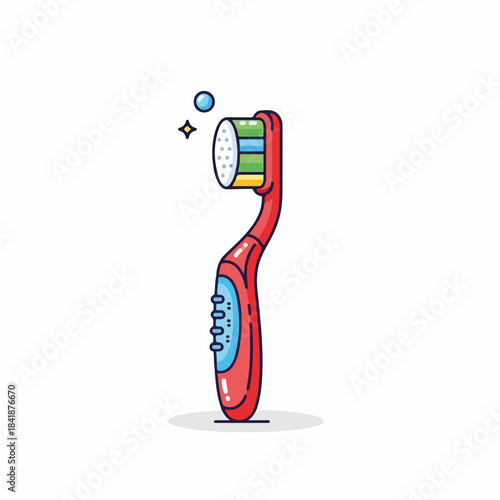 Red toothbrush kid, colorful bristles, clean sparkle for oral care. Ergonomic dental tool helps young users learn good tooth brushing. Engaging toothbrush kid for children's dental health.