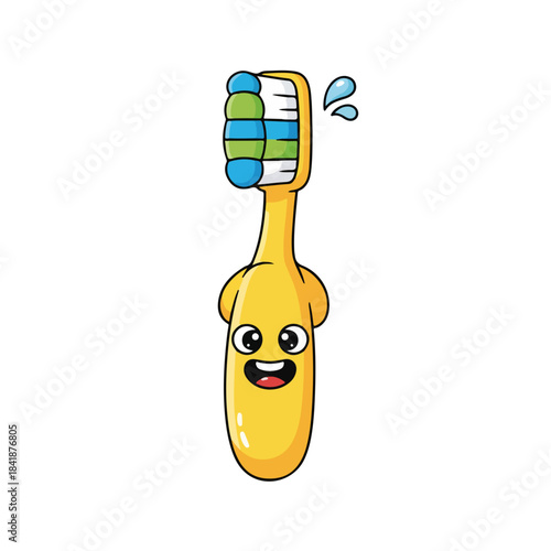 Funny yellow kid toothbrush with bright blue and green bristles and happy facial expression. Kid toothbrush for dental hygiene and daily oral care, promoting healthy habits.