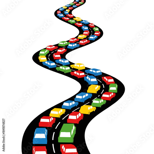 Winding road with a colorful traffic jam, many cars in a long line. Busy scene illustrating a significant traffic jam, depicting urban congestion. Concept traffic jam for city planning,
