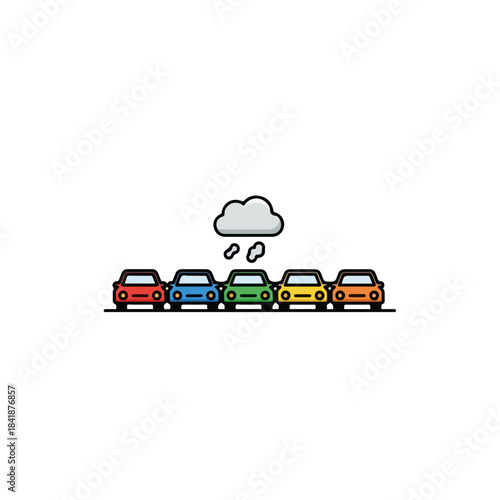 Illustration showing colorful traffic jam with multiple cars in line and small rain cloud above one green vehicle. This frustrating traffic jam creates delays for daily commute.