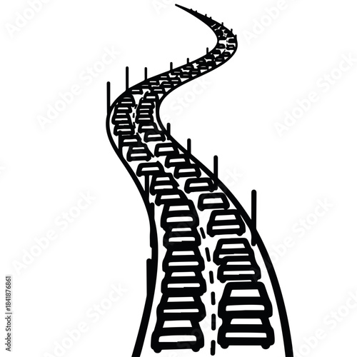 Simple black and white illustration depicts a long line of vehicles on winding road, conveying a significant traffic jam.