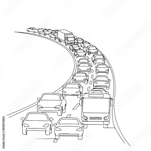Busy traffic jam illustration showing various vehicles on a curved highway, a common sight during rush hour. Daily traffic jam creating delays and congestion, highlighting urban mobility challenges.
