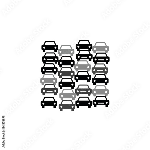 Grid representation of a common traffic jam, with many small car icons tightly packed together. Illustration depicts vehicles in dense formation,