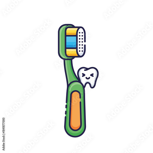 Cartoon kid toothbrush illustration with smiling tooth character on white background. Colorful kid toothbrush features soft bristles and ergonomic handle, promoting dental hygiene.