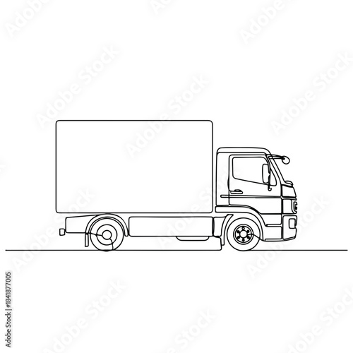 Clean line drawing of modern delivery truck, presenting an empty cargo box on white. Detailed commercial delivery truck shows cab, wheels, and side view for design.
