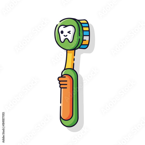Bright kids toothbrush depicts smiling tooth character, green handle, multicolored bristles, ideal for children. Ergonomic kids toothbrush encourages good dental habits, promoting pediatric oral care.