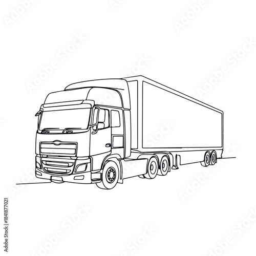 Outline drawing of modern truck with trailer for cargo transport. Commercial semi truck symbolizes global logistics, efficient delivery. Truck graphic for shipping business, supply chain branding.