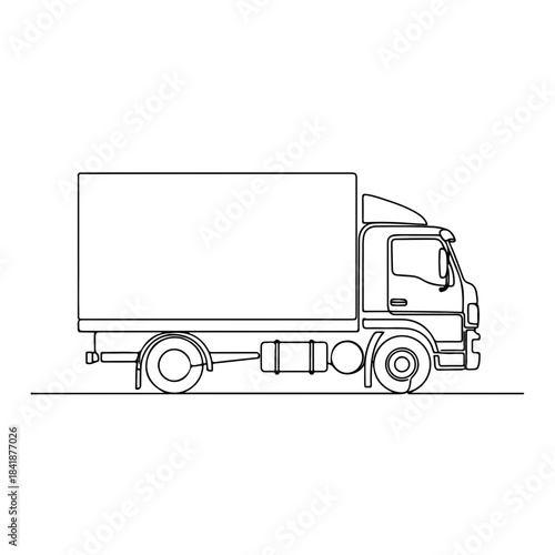 Simple black outline drawing of delivery truck profile on clean white background for transportation concepts. Side view of commercial delivery truck ideal for logistics, shipping,