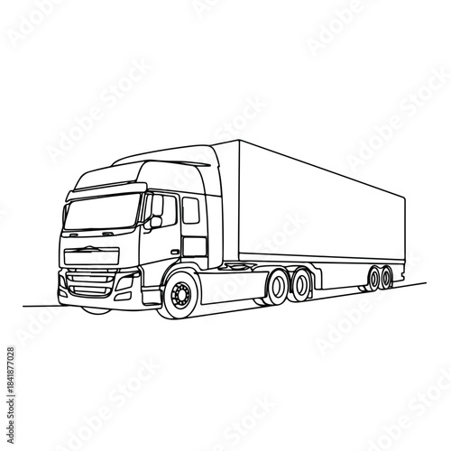 Simple truck line art illustration on a clean white background, showcasing a heavy duty freight transportation vehicle. Detailed semi truck outline for logistics and shipping industry.