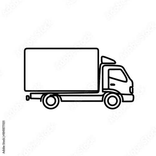 Simple outline graphic of a delivery truck, featuring a clean silhouette with cargo box and cab. This minimal delivery truck icon represents shipping services, logistics, and goods transportation.