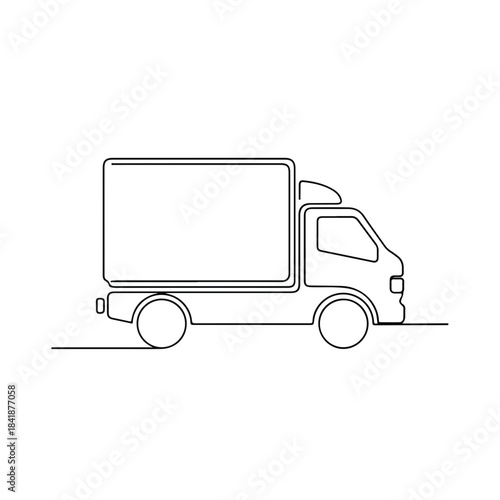 Minimalist delivery truck drawing depicts essential logistics and transportation. One line art illustration of a moving vehicle emphasizes speed and efficient shipping.