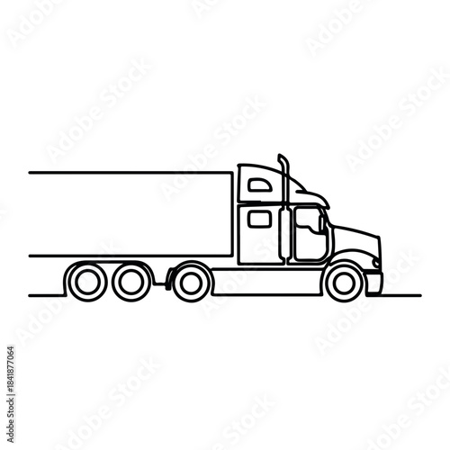Line art drawing of large semi truck with trailer. Illustration of heavy duty freight truck for cargo transportation. Concept truck for logistics, shipping, delivery industry,