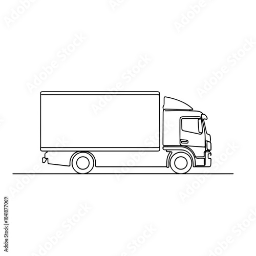 Minimalist line drawing of modern delivery truck side view, clean illustration. Box truck for cargo transport, commercial shipping, and logistics operations, representing efficient movement.