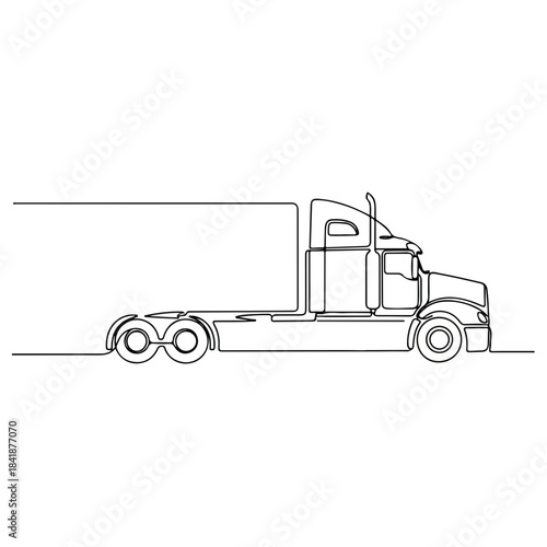 Continuous line art truck illustration depicts modern commercial vehicle design concept. Stylized truck drawing features sleek silhouette, cab, and trailer for transport needs.