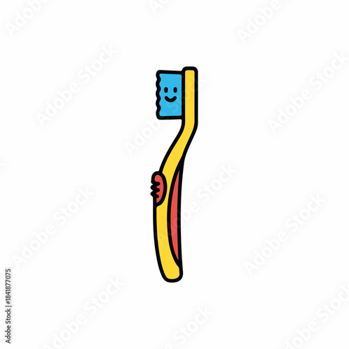 Yellow toothbrush kid with happy face, blue bristles. Cartoon hygiene tool for daily toothbrush kid care. Visual for dentistry, health campaigns, for toothbrush kid.