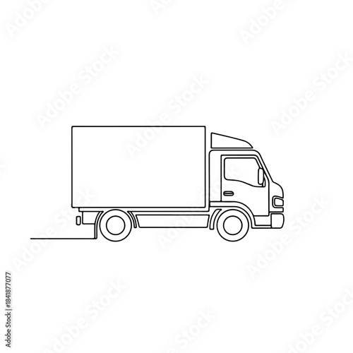 Minimalist continuous line art of a white delivery truck with a spacious cargo box on clear background. Single line drawing features commercial lorry for express shipping, logistics, moving services,