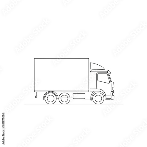 Line drawing of delivery truck, featuring a large cargo box and driver's cab. Simple graphic of transport truck, perfect for illustrating logistics and freight services.