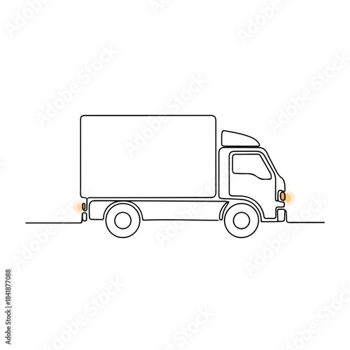 Single line continuous drawing shows delivery truck, minimalist monochrome style artwork. Commercial delivery truck concept for shipping, cargo, and freight transportation services.