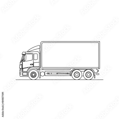 Minimalist line drawing showing side view of commercial delivery truck. Empty cargo box on freight transport truck ready for goods shipping, clean linear art style graphic for business concepts.