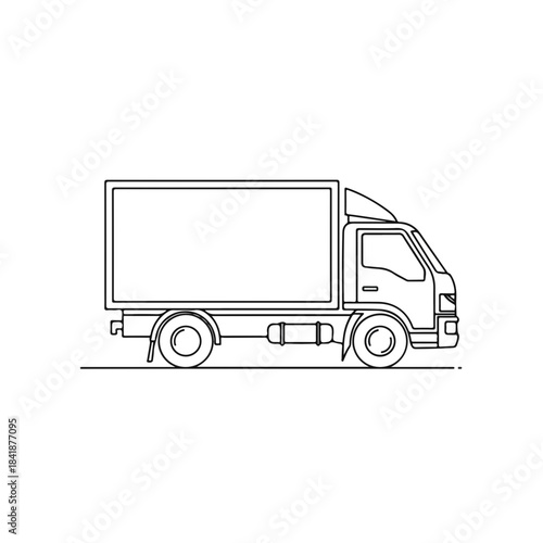 Delivery truck outline with clean minimalist design for transportation concepts. Simple line art illustration showing side view for commercial uses. Ideal delivery truck outline for logistics,