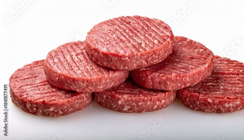 stack of five raw ground beef burger patties isolated on white background ready for grilling or cooking