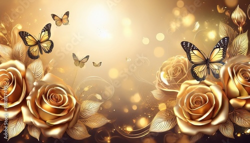 background elegant gold roses and butterfly background for wedding invitation and greeting card design