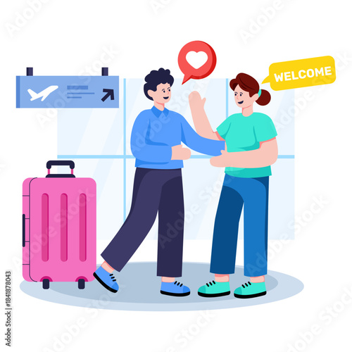 Conceptual flat design illustration of airport greetings