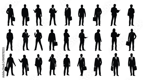 A diverse collection of male businessperson silhouettes in various poses and actions
