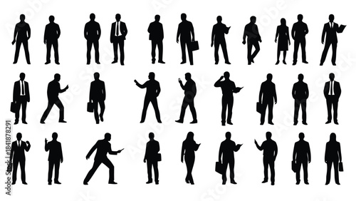 A large collection of diverse business people silhouettes in various poses and actions