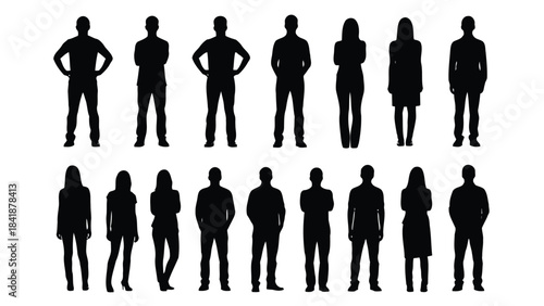Silhouettes of a group of diverse people in various standing poses