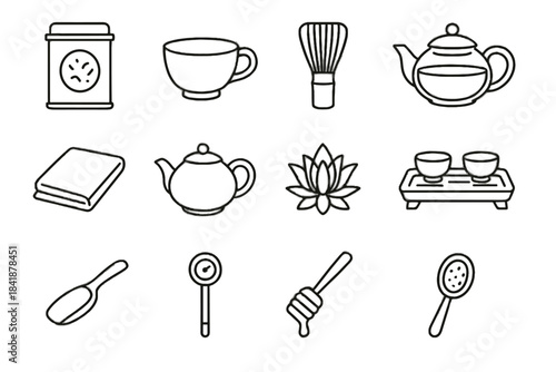 Vector clay icon teacup glass thermometer blooming artisan loose tea strainer