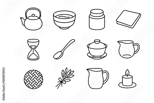 Artisan vector meditation small icons tea clay wooden icon traditional scoop bowl