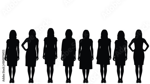 A diverse group of eight women silhouettes standing in a row, captured from behind on a white background.