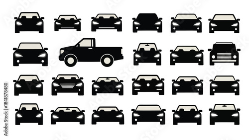 A collection of different vehicle silhouettes including various car models, a truck, and an suv