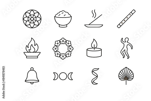 Flower festival bowl bell icon rice moon circular outline collection phases vector