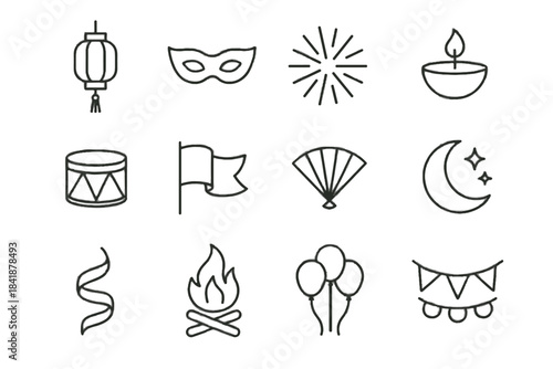 Festival icon bonfire ribbon vector chain stars minimal set symbol firework mask