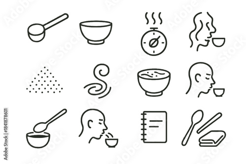 Coffee line tasting swirls cupping aroma spoon glass page icon vector home