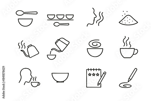 Vector steam nose icons checking swirl coffee aroma cupping rinse icon above