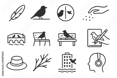 Sketching tree vector listening shadowed birdwatching bench icon feather icons power urban