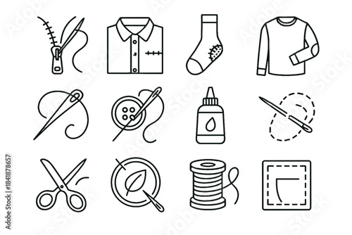 Fabric vector icons patch thread icon reattaching mend mending wardrobe loop fixed