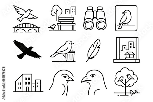 Bird bridge silhouette birdwatching bench perched sky vector icon feather urban icons