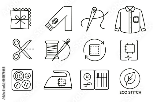 Stitch icons patch wardrobe sewing sustainable icon vector mending buttons needle eco