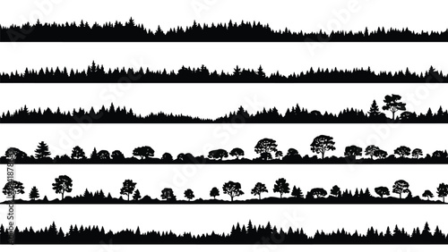 A collection of black forest silhouettes, borders, and tree line illustrations