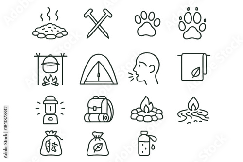 Minimalist vector pit voice scraps reflective gear icon camping drying composting footprint