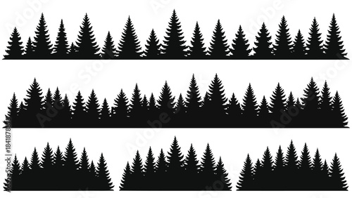 Set of black pine tree forest silhouettes for decorative border or background design