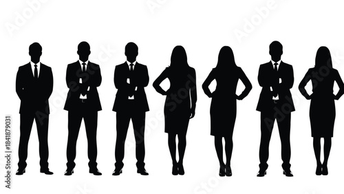 A diverse group of business professionals in formal attire standing together in silhouette form