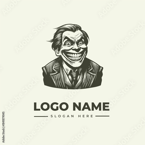 A black and white illustration of the Joker's head and shoulders in a suit with a logo name and slogan on a plain background.