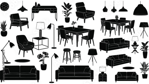 A large set of black silhouettes featuring essential home furniture and accessories